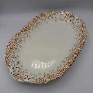 May include: An oval-shaped, off-white serving platter with a decorative floral pattern in shades of brown and gold. The rim features a scalloped edge, adding a touch of elegance to this vintage dish. A classic piece for serving food.