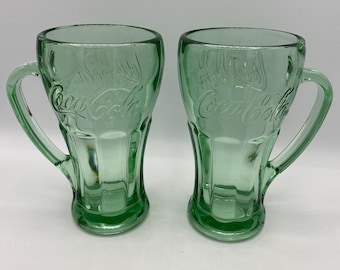 Libbey Coca Cola Glasses with Handles; Heavy Green Glass Mugs; Coke Tumblers; Coca Cola Collectible Mugs; Set of 2
