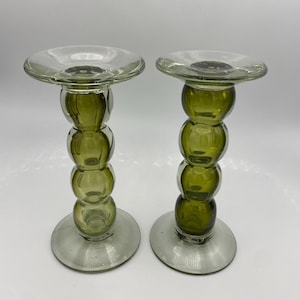 Avocado Green Heavy Bubble Glass Pillar Candle Holders; MCM Decor; Set of 2
