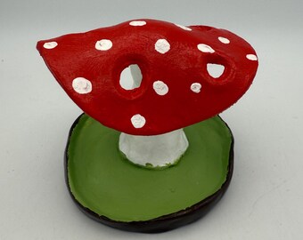 Handmade Mushroom Pen/Paintbrush Holder – Red Amanita Style Desk Organizer with 5 Holes