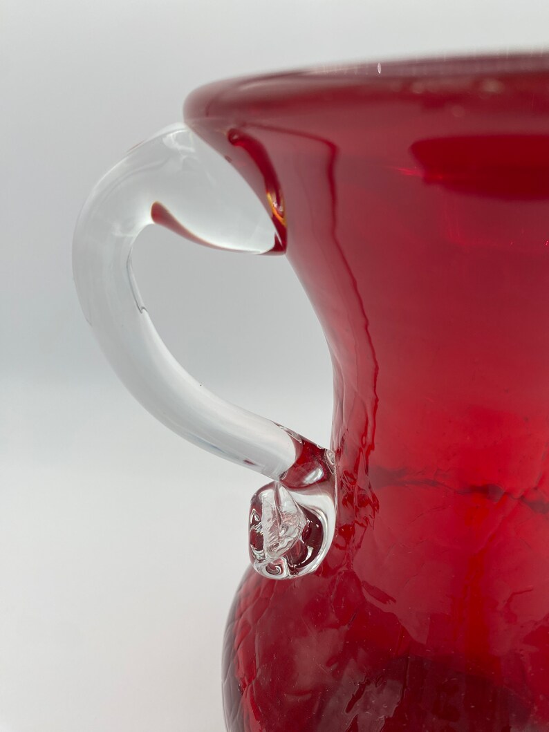 Ruby Pitcher Red Ruby Crackle Glass Pitcher, Hand Blown Clear Handle, Vintage Vase ...