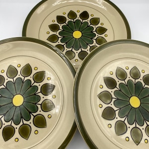 Montego Stoneware Dinner Plates; Made by Sears in Japan; Green and Yellow Floral Motif; MCM Decor; 1970s Decor; Set of 3