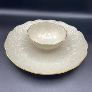 Lenox Chip and Dip Greenfield Collection; One Piece Porcelain Tray; Ivory with Gold Trim; Made in USA