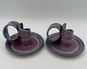Bay Pottery Candlestick Holders Pair – Wheel‑Thrown Ceramic Candle Holders, Swirl Handles - Purple and Blue Drip Glaze
