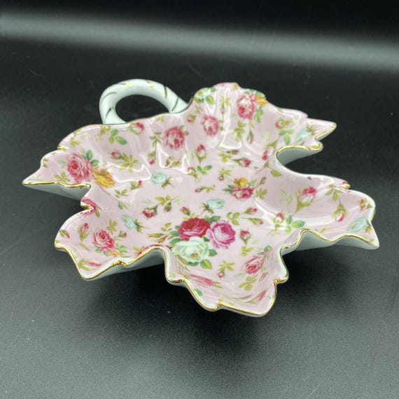 Royal Danube Floral Rose Chintz Leaf Shaped Dish With Gold Trim