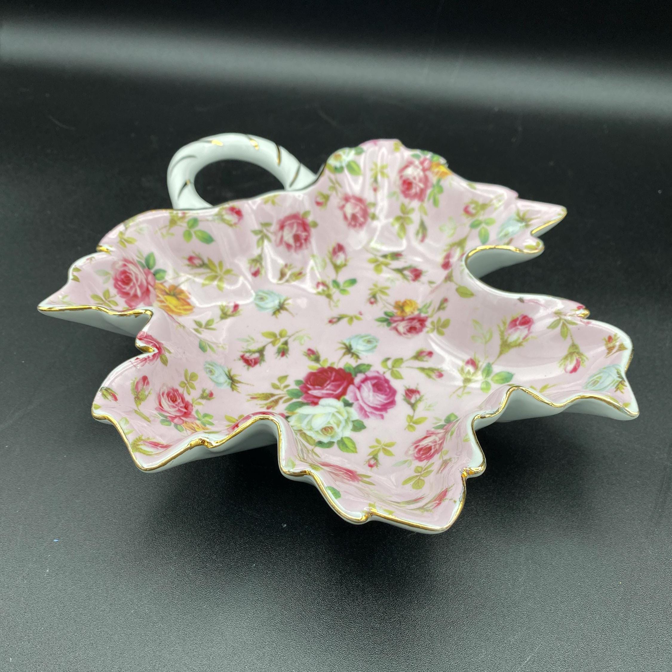 Royal Danube Floral Rose Chintz Leaf Shaped Dish With Gold Trim
