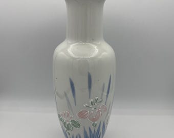 Action Japanese Floral Vase - Hand Painted Pink & Blue Flowers - 10.75" Tall