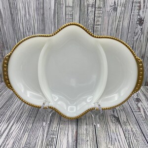Fire King Milk Glass Divided Anchor Hocking Dish with Gold Beam Trim