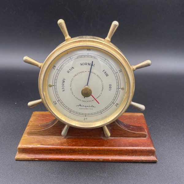 Vintage Airguide Barometer Weather Station Ship's Wheel Brass Nautical Decor