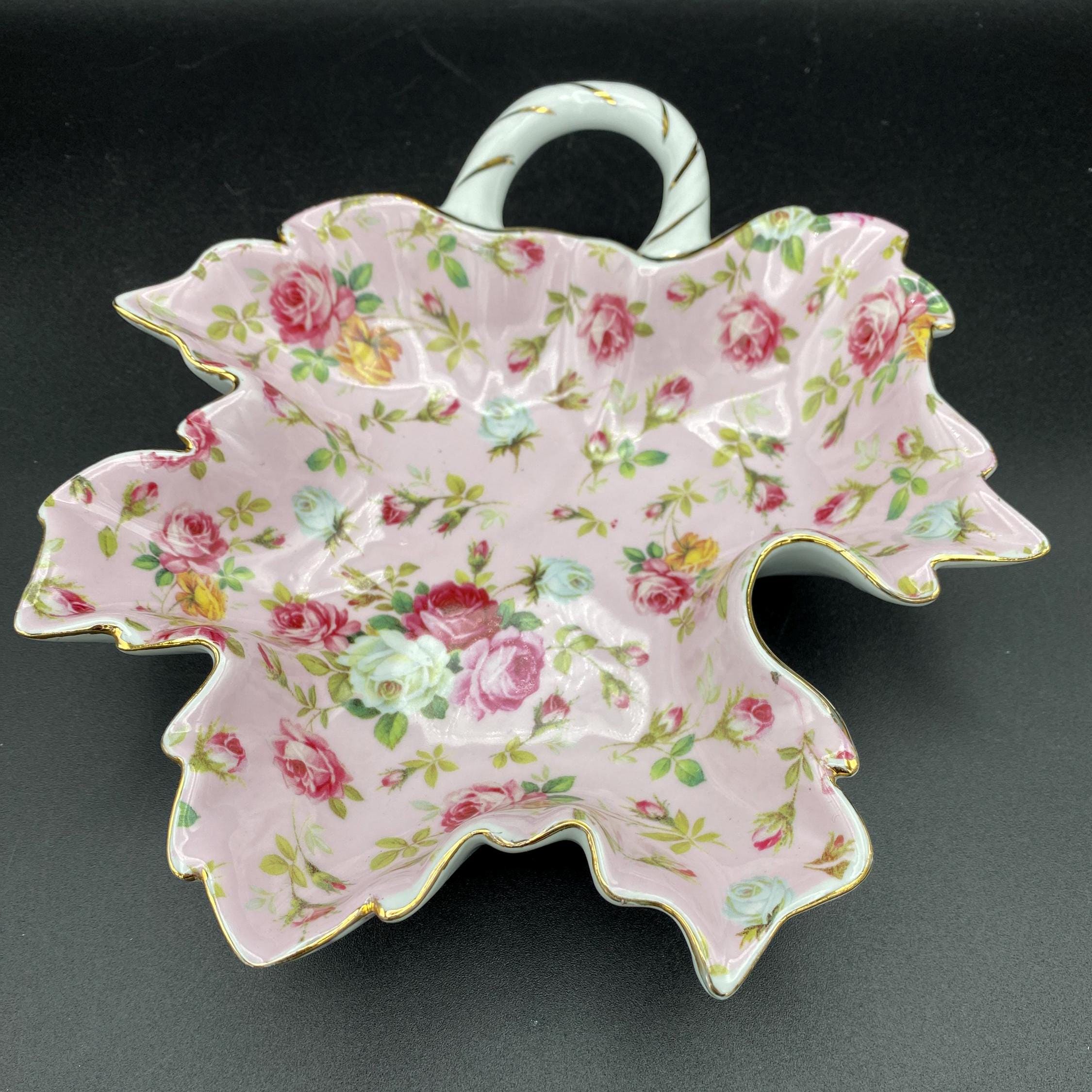 Royal Danube Floral Rose Chintz Leaf Shaped Dish With Gold Trim
