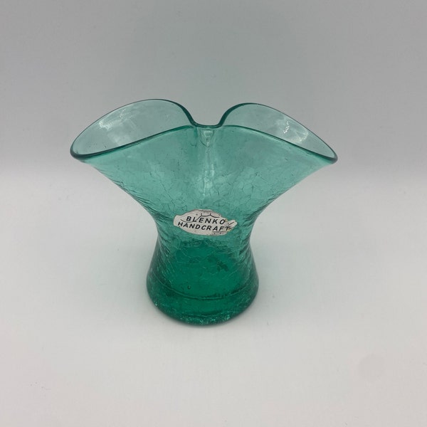 Blenko Crackled Glass Emerald Green Vase, Double Neck Pinched Vase  4"