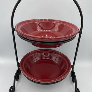 Longaberger Pottery Paprika Red Small Pie Plate Two-Tier Wrought Iron Stand Set - 3 Pc. Farmhouse Kitchen Decor, Dessert Server