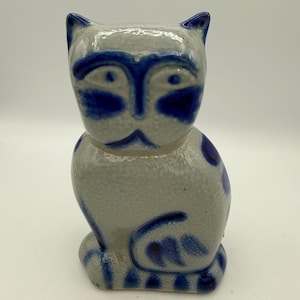 May include: A ceramic cat figurine in a seated position. The cat is primarily gray with blue accents, including facial features, spots, and stripes on the tail and paws. The figurine has a textured surface and a whimsical design.