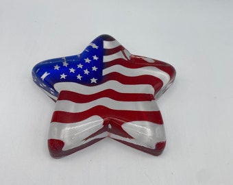 Fenton Art Glass Patriotic Paperweight, Made in USA, Americana, Red White and Blue Star