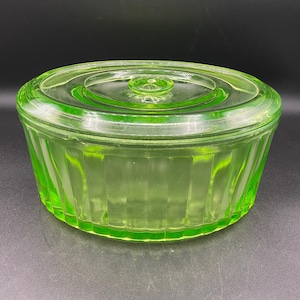 Uranium Depression Glass Refrigerator Container by Anchor Hocking; Lidded Container; Green Optic Wide Paneled Glass Large Oval Dish with Lid