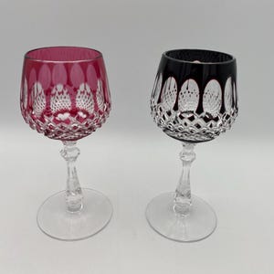 Pair of Vintage Cut-to-Clear Crystal Wine Glasses - Ruby Red & Black Overlay Hock Wine Glasses - Hand Cut Lead Crystal Drinkware