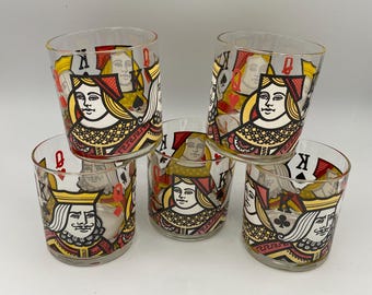 Playing Cards Low Glasses; Vintage Kings and Queens Royals Barware; Poker Cards Glassware; Retro Drinkware; Poker Night Decor; Set of 5