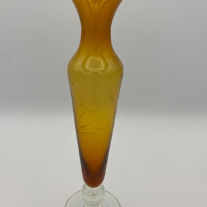 Hand-blown Glass Bud Vase Amber with Etched Berry and Vine 8.25”
