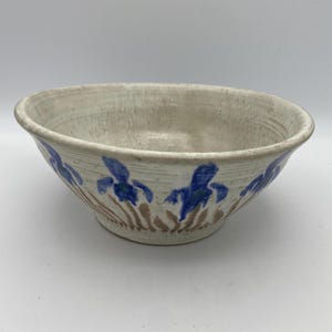 May include: A white ceramic bowl with a blue and brown floral design. The bowl is hand-painted with a pattern of stylized irises.