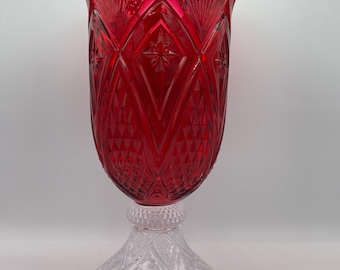 Ruby Red Hurricane Candle Holder | Pressed Glass Red & Clear Pedestal | Mid-Century Glass Hurricane Lamp Base | Holiday Decor