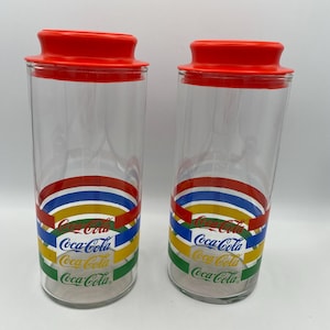 Coca Cola Glass Jars Canisters with Red Plastic Lid & Rainbow Stripes; Pair of Vintage Coca Cola Storage Canisters; Coke Memorabilia; 8.5&quot;