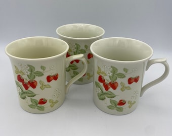 Horchow Strawberry Porcelain Mugs, Made in Japan, Set of 3, Botanical Fruit Coffee/Tea Cups, Kitchenware, Tea Cart, Coffee Bar