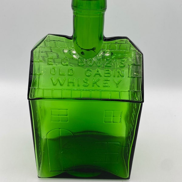 E G Booz's Old Cabin Whiskey Green Decanter with cork Clevenger Bros Reproduction 8"