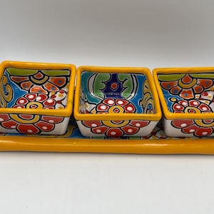 Talavera Serving Dish; Rectangular Appetizer Tray; Lead Free Mexican Pottery; Folk Art Decor; Southwestern Decor; Nut/Candy Dish; 4 Pieces