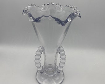 Imperial Glass Candlewick Flower Vase with Blue Hue Crimped Ruffled Edge With Two Bubble Handles