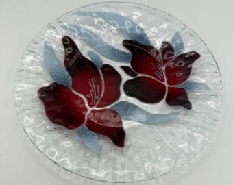 Sydenstricker Fused Glass Plate – Red Floral Art Glass – 8.5” Signed Cape Cod Studio