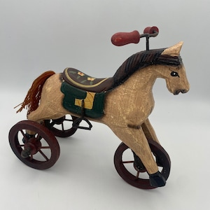 Folk Art Wooden Painted Horse on Tricycle with String Tail Reproduction Toy Metal Wheels 7.25&quot; tall