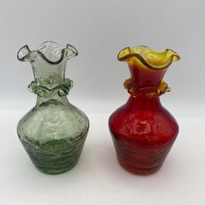 Pair of Vintage Handblown Ruffled Edge Crackle Glass Bud Vases - Red Amber & Sage Green - Likely Pilgrim Glass - MCM Boho Decor