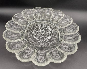 Indiana Glass Deviled Egg Dish Platter Hobnail Made in USA Mid Century Modern 15 Eggs