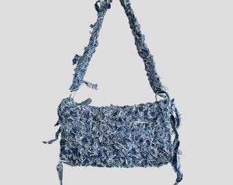 Denim crochet handbag purse / Sustainably handmade in Sweden / recycled upcycled / gehäkelte tasche