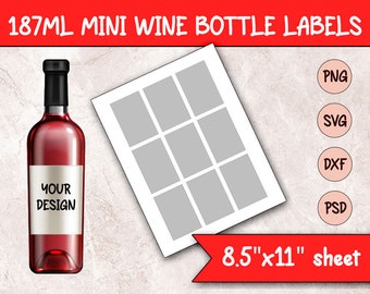 May include: A sheet of 187 ml mini wine bottle labels, with 12 labels per sheet. The sheet is 8.5 inches by 11 inches. The labels are blank and ready to be customised with your own design. The image shows a bottle of wine with a label that says "Your Design". The image also shows the file formats available for download: PNG, SVG, DXF, and PSD.