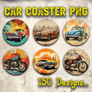 Car Coaster Png Bundle Sublimation Design Download, Retro Car Png, Sublimate Designs Download
