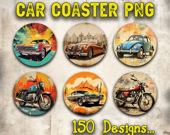 Car Coaster Png Bundle Sublimation Design Download, Retro Car Png, Sublimate Designs Download