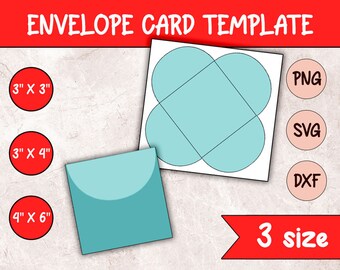 May include: A digital template for creating envelope cards in three sizes: 3 inches by 3 inches, 3 inches by 4 inches, and 4 inches by 6 inches. The template includes a blue envelope shape with a rounded flap.