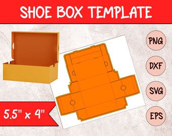 May include: A template for a shoe box, shown as a flat, unfolded design. The template is 5.5 inches by 4 inches and is shown in orange on a white background. The template is available in PNG, DXF, SVG, and EPS formats.