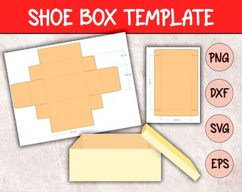 May include: A printable shoe box template in orange and yellow. The template includes a flat layout and a 3D rendering of the assembled box. The image also includes the text "Shoe Box Template" and file formats: PNG, DXF, SVG, and EPS.