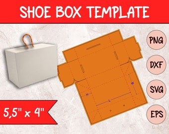 May include: A template for a shoe box, with dimensions of 5.5 inches by 4 inches. The template is shown in orange and includes lines for cutting and folding. The template is available in PNG, DXF, SVG, and EPS formats.