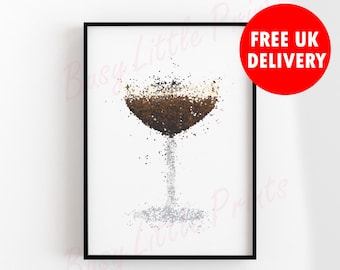 May include: A black and white illustration of a cocktail glass filled with a brown and white drink. The drink is made up of small dots that create a pixelated effect.