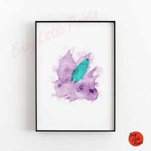 May include: A watercolor painting of a purple and teal Pokemon character. The character is depicted in a stylized, abstract style with a soft, dreamy feel.