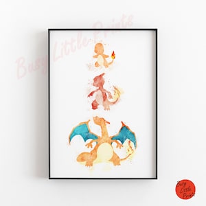 May include: Watercolor painting of three Pokemon, Charmander, Charmeleon, and Charizard, in a vertical line. The Pokemon are depicted in their signature colors, with Charmander being orange, Charmeleon being orange and red, and Charizard being orange, red, and blue.
