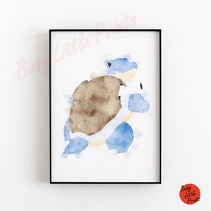 May include: Watercolor painting of a blue and brown turtle, a popular character from the Pokemon franchise.