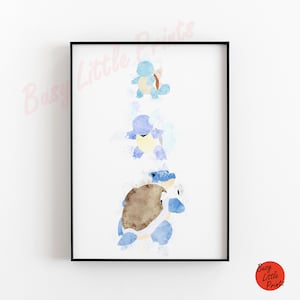 May include: Watercolor painting of three blue turtle Pokemon, Squirtle, Wartortle, and Blastoise, in a vertical line. The background is white.
