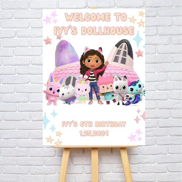 Gabby's Dollhouse Welcome Party Poster - Dollhouse Party - Canva Template - Cakey Cat Theme - Instant Download