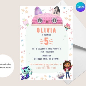 Gabby's Dollhouse Birthday Invitation - Canva Template - Cakey Cat Birthday Invitation - Gabby's Dollhouse Birthday Party