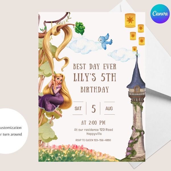 Faire-part d'anniversaire Raiponce emmêlé - modèle toile - Invitation princesse Disney Raiponce - Faire-part d'anniversaire thème Tangled