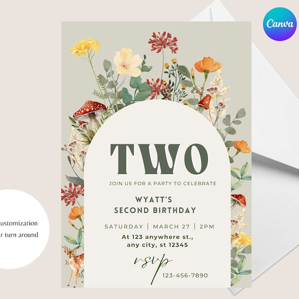 Mushroom and Wildflower Party Invitation - Woodland Birthday Invite Canva Template - Wildflower Baby Shower Invitation - Enchanted Fourest